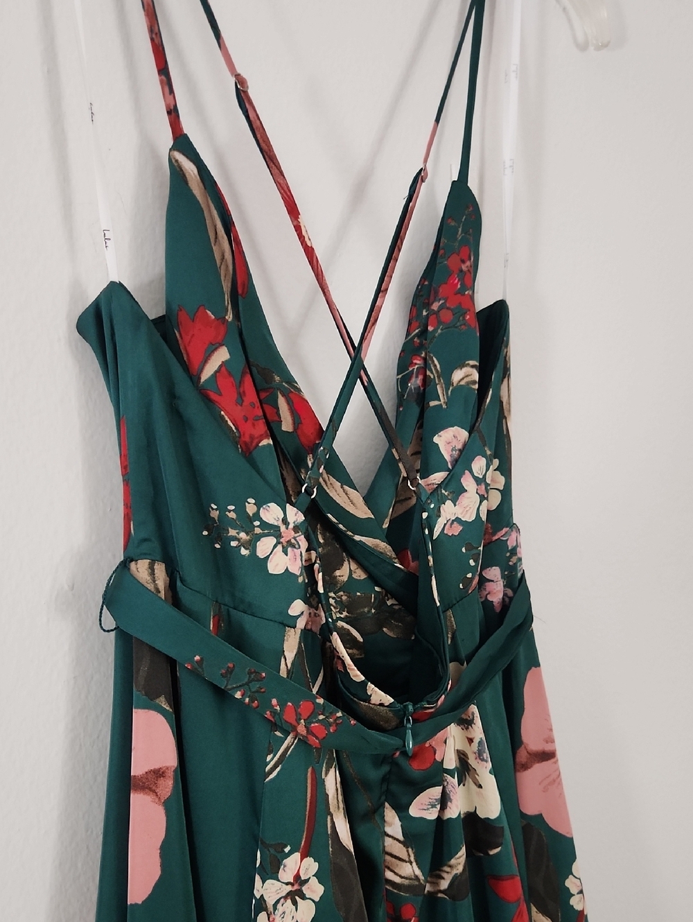 Lulu's Emerald Green Floral Wrap Maxi Dress with Pink & Red Accents - Picture 8 of 12